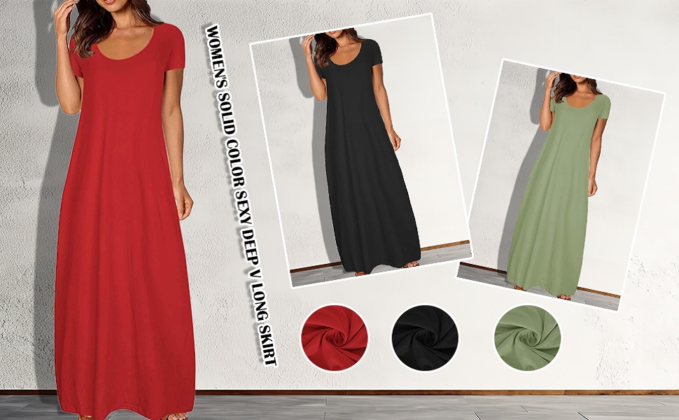 Robes longues longues en rouge, noir et vert sauge. Encolure dégagée, manches courtes, coupe ample. Échantillons de tissus présentés. Le texte indique une couleur unie et un style de robe longue.