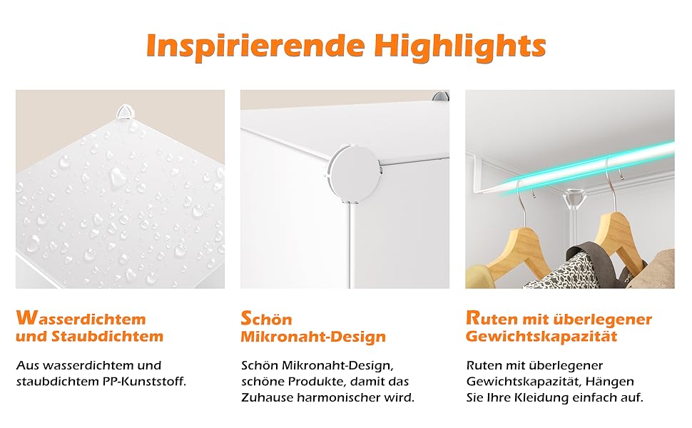 Three minimalist product feature icons showing waterproof design, minimalist aesthetic, and hanging functionality with German text descriptions.