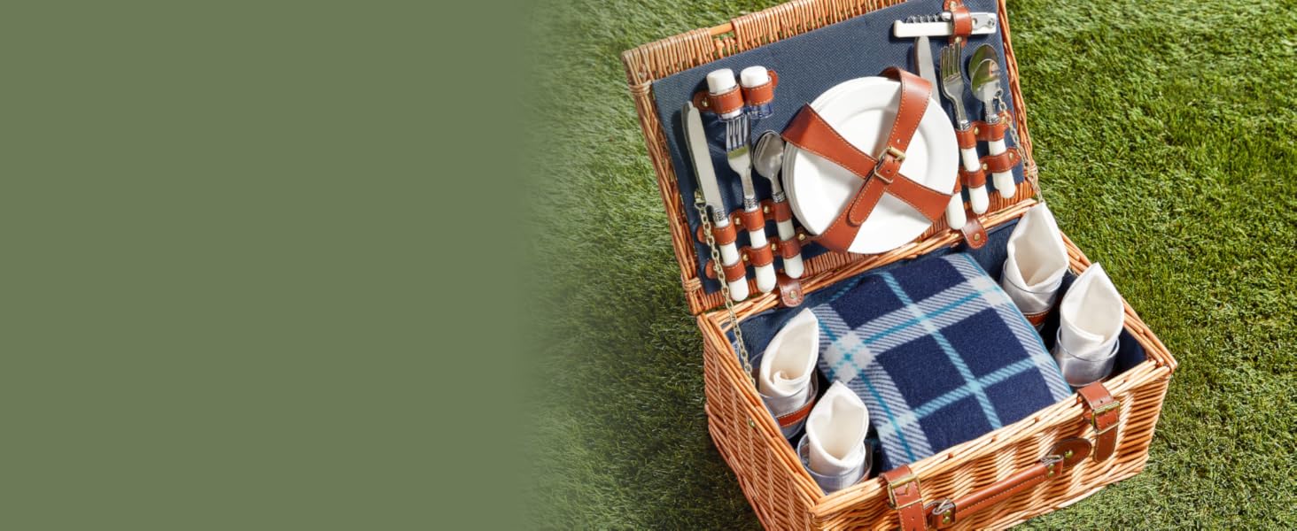 VonShef Picnic Basket, 4 Person Luxury Wicker Picnic Hamper, Includes