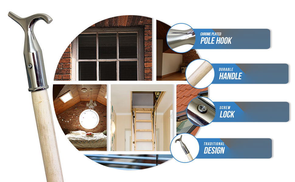 Window Pole Opener and Loft Ladder Pole with Hook 120cm Smooth Wooden