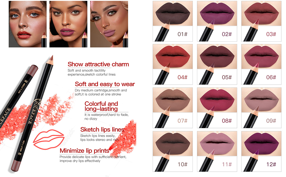 NALACAL Lip Liner Pencil Set, 12 Assorted Lip Liner Colors Matte Lip Liner Set High Pigmented Lip Liner Smooth Lip Liner Pencils Soft Lip Liner Pens Precise Lip Liner Set Long Lasting Lip Liner 4 Lip Liner Pencil