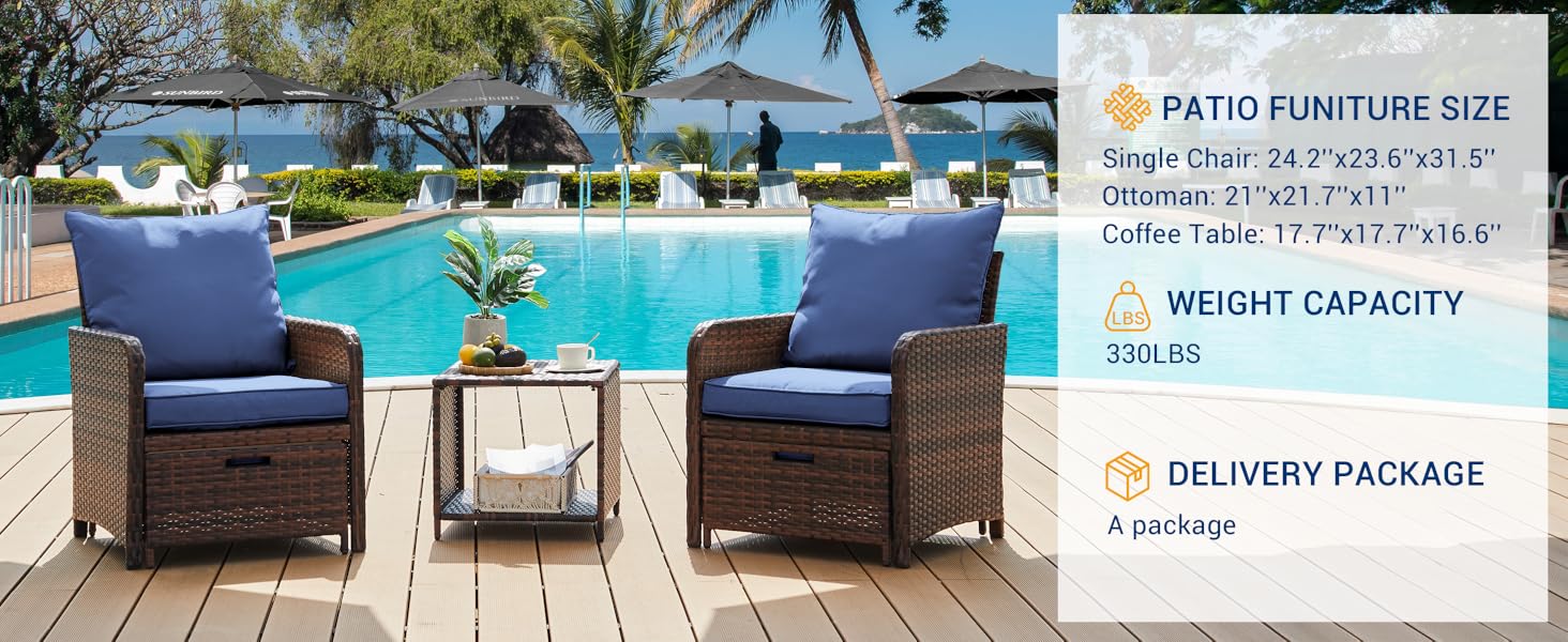 UDPATIO Balcony Furniture Patio Set with Ottoman, Patio