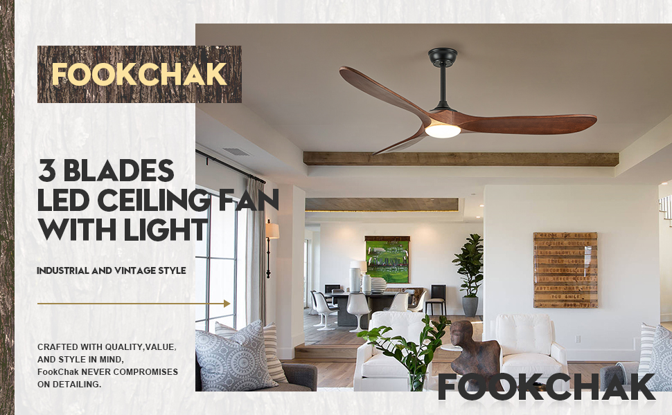 FookChak 60” Black Outdoor Ceiling Fan Lights 3 Blades