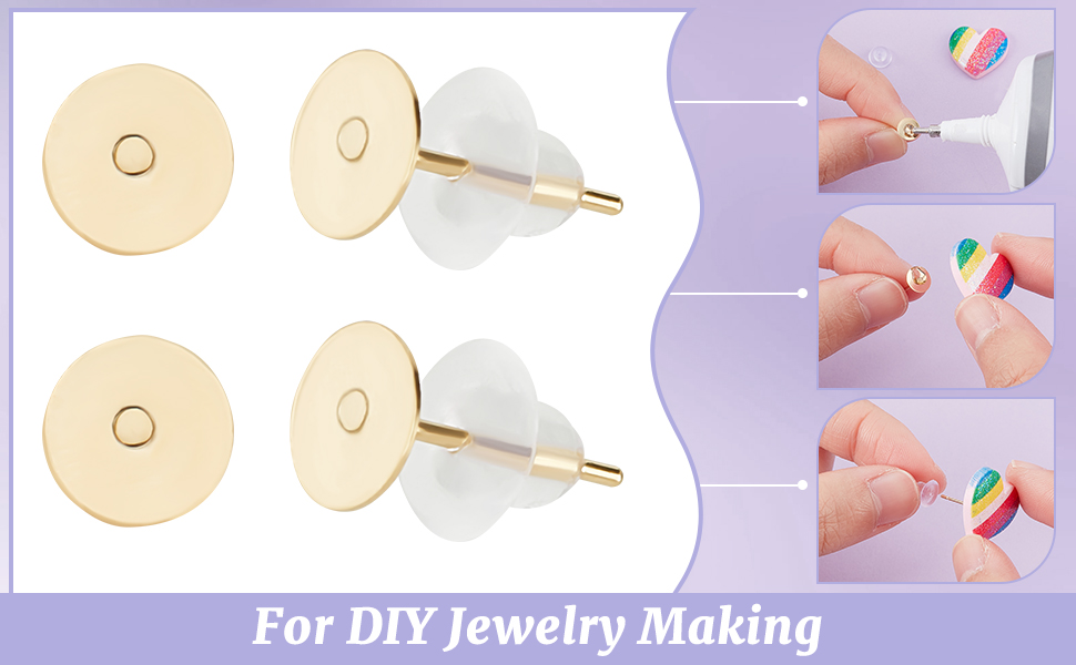 DIY jewelry making supplies: gold-toned ear studs with flat circular tops and butterfly backs. Right panel shows steps for creating colorful nail art designs.