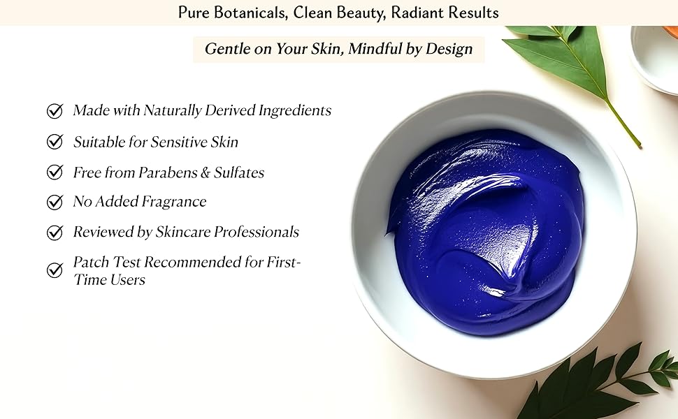 White ceramic bowl filled with smooth Moroccan Nila blue clay mask placed