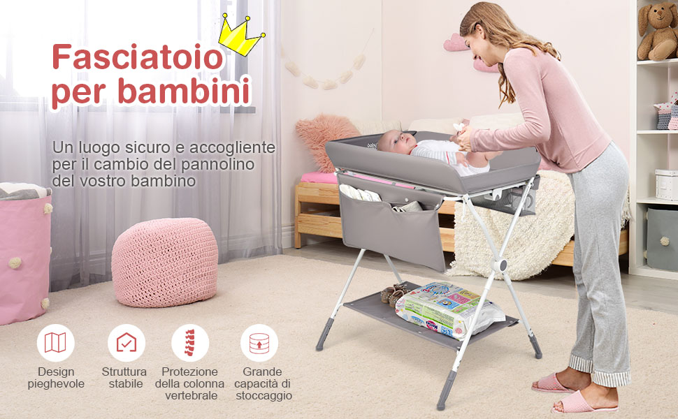 COSTWAY Fasciatoio Pieghevole Per Neonati, Mobile Tavolo Cambio Pannolini 4 In 1 Portatile, Altezza Regolabile, 75x80x99-105 Cm, Con Ruote E Cintura Di Sicurezza, Portata Massima 30 Kg (Grigio) 11 1