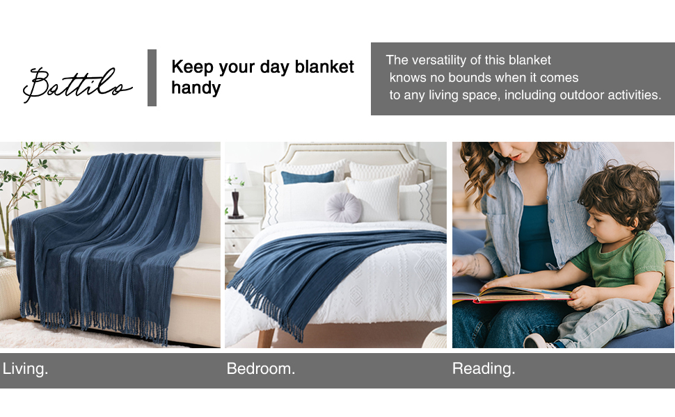 BATTILO Home Navy Throw Blanket for Couch, Lightweight Decorative Knit