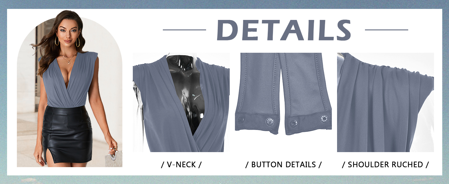 LYANER Women's Wraped V Neck Ruched Sleeveless Tank Leotard Bodysuit Top