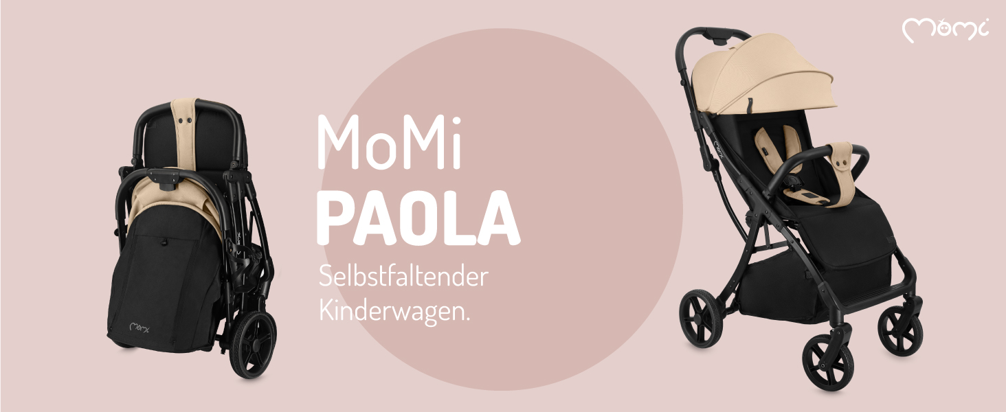 Der Text lautet „MoMi“ und „PAOLA“. Mehrere Ansichten eines schwarzen Kinderwagens oder Kinderwagens mit unterschiedlichen Winkeln und Faltpositionen.