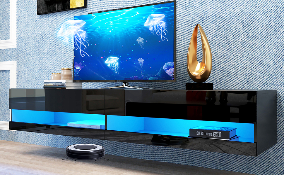 Floating TV Stand Wall Mounted with LED Lights, Modern Floating Entertainment Center