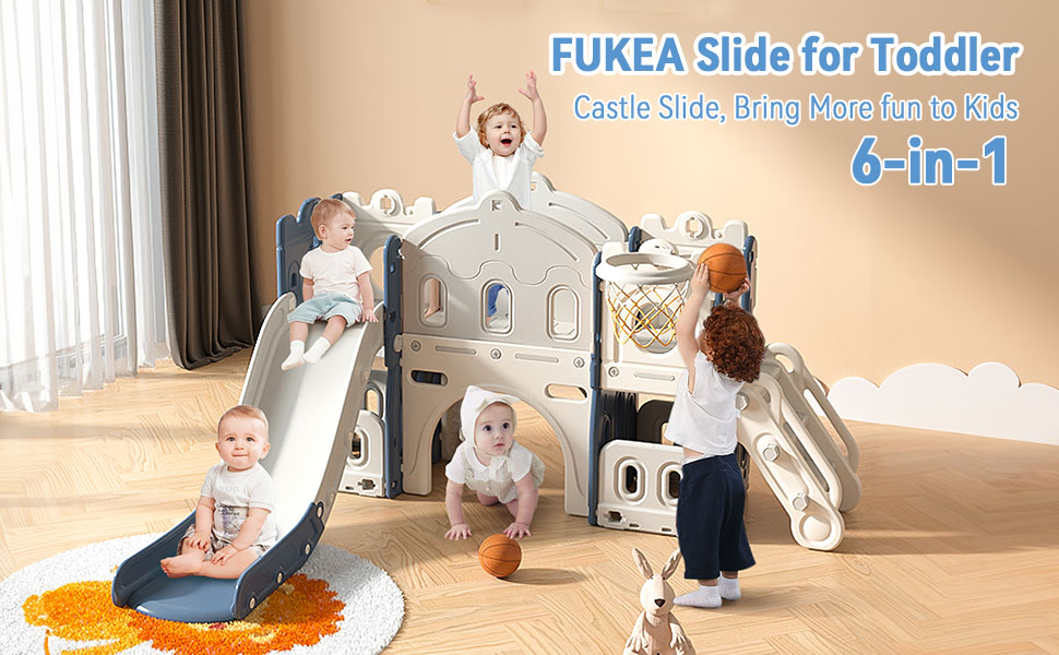 FUKEA 6in1 Kids Slide, Outdoor & Indoor Toddler Castle Slide Climbing