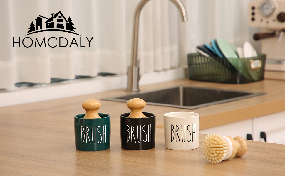 HOMCDALY Bamboo Dish Brush with Ceramic Dish Brush Holder, Kitchen