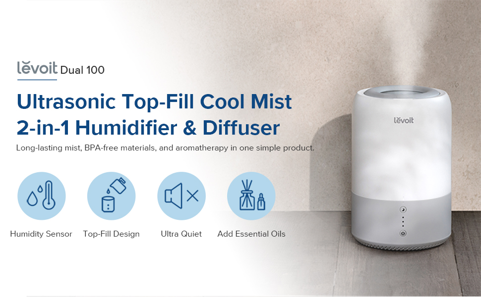 Levoit Humidifier for Bedroom, Top Fill Cool Mist Humidifiers for Plants, Baby, Air Humidifier
