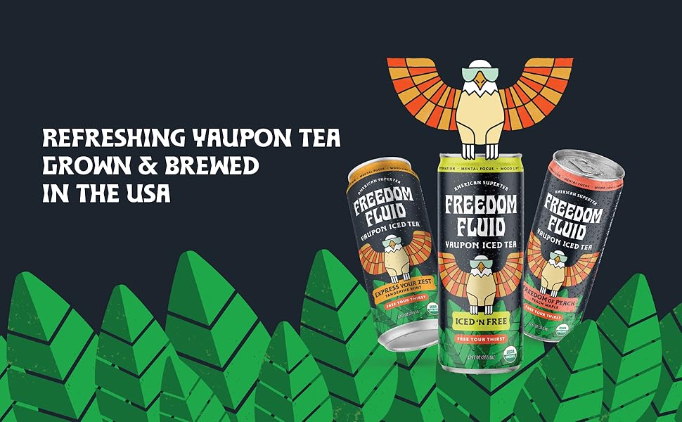 Freedom Fluid yaupon iced tea, naturally caffeinated drink, energy boost with no jitters, low sugar