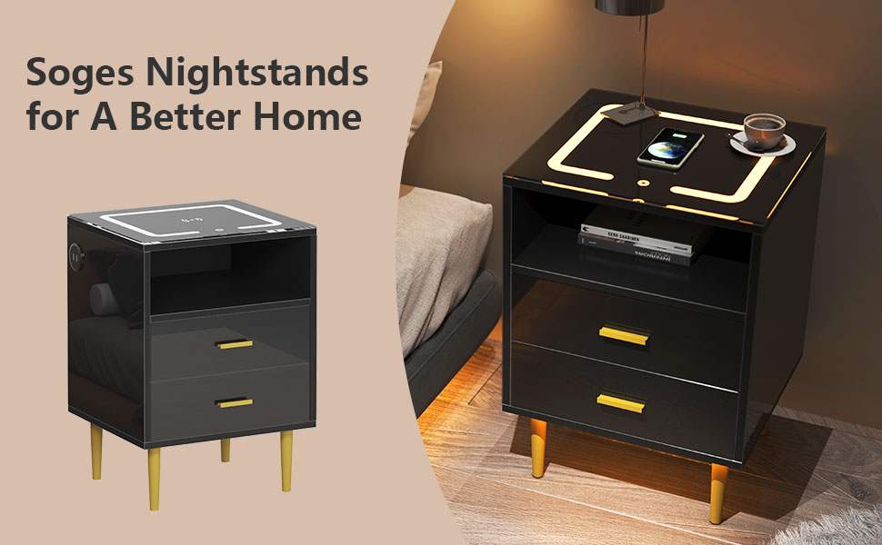 soges Nightstands Wireless Charging Station and LED Lights