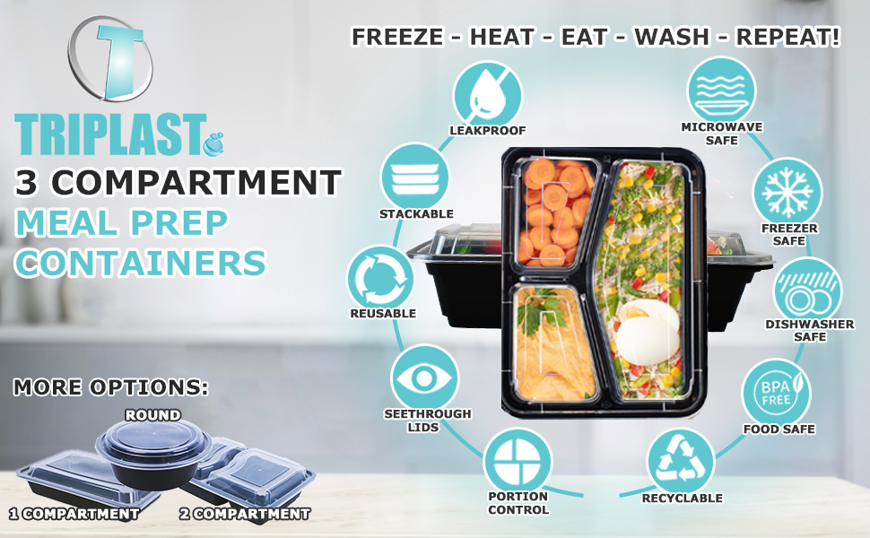 3 Compartment Meal Prep Containers