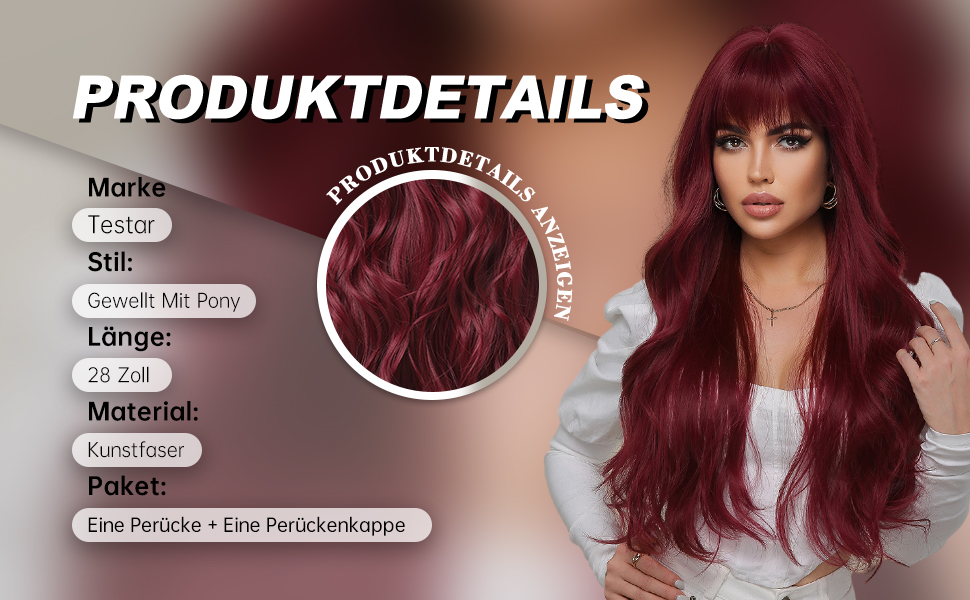 Rote Perücke für Damen, lang, gewellt, rote Perücke, Damenperücke, natürliches Weinrot, hitzebeständige Perücke für Cosplay-Damen, 71 cm, weich, atemberaubend, langlebig, stilvoll_voghion.com