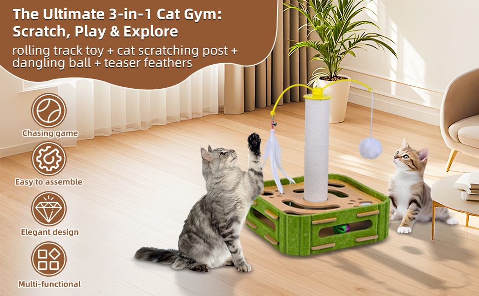 Cat Toy with Scratching Post & Feather Toys Interactive Kitten Play with Yarn Ball & Rolling Track