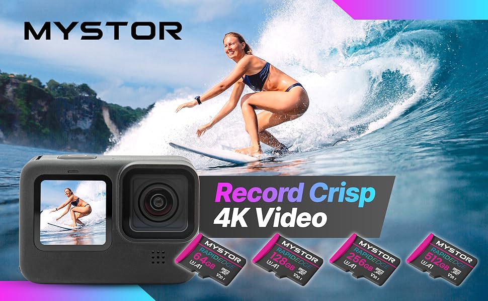 Image showing that Mystor memory card can be used for 4K video recording. Shows a surfer.