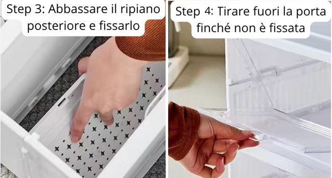 Il testo recita «Fase 3: Abbassare il ripiano posteriore e fissarlo» e «Fase 4: Tirare fuori la porta finché non è fissa». Guida di istruzioni su due pannelli che mostra le mani che regolano le parti dell'apparecchio.