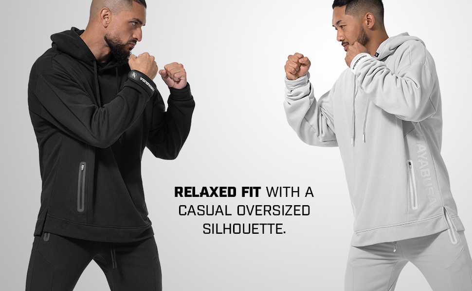 Hayabusa Men's Midweight Pullover Hoodie on Two Models wearing light Heather Grey and black