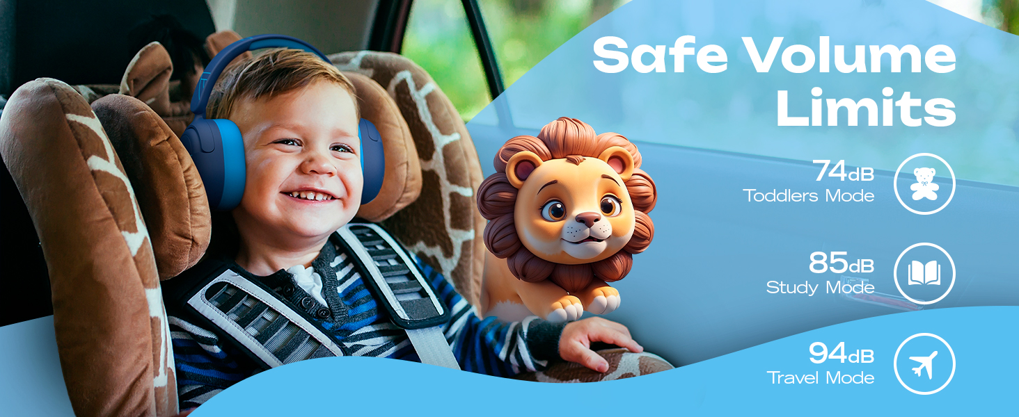a child in a car seat with a lion head and a safety sign.