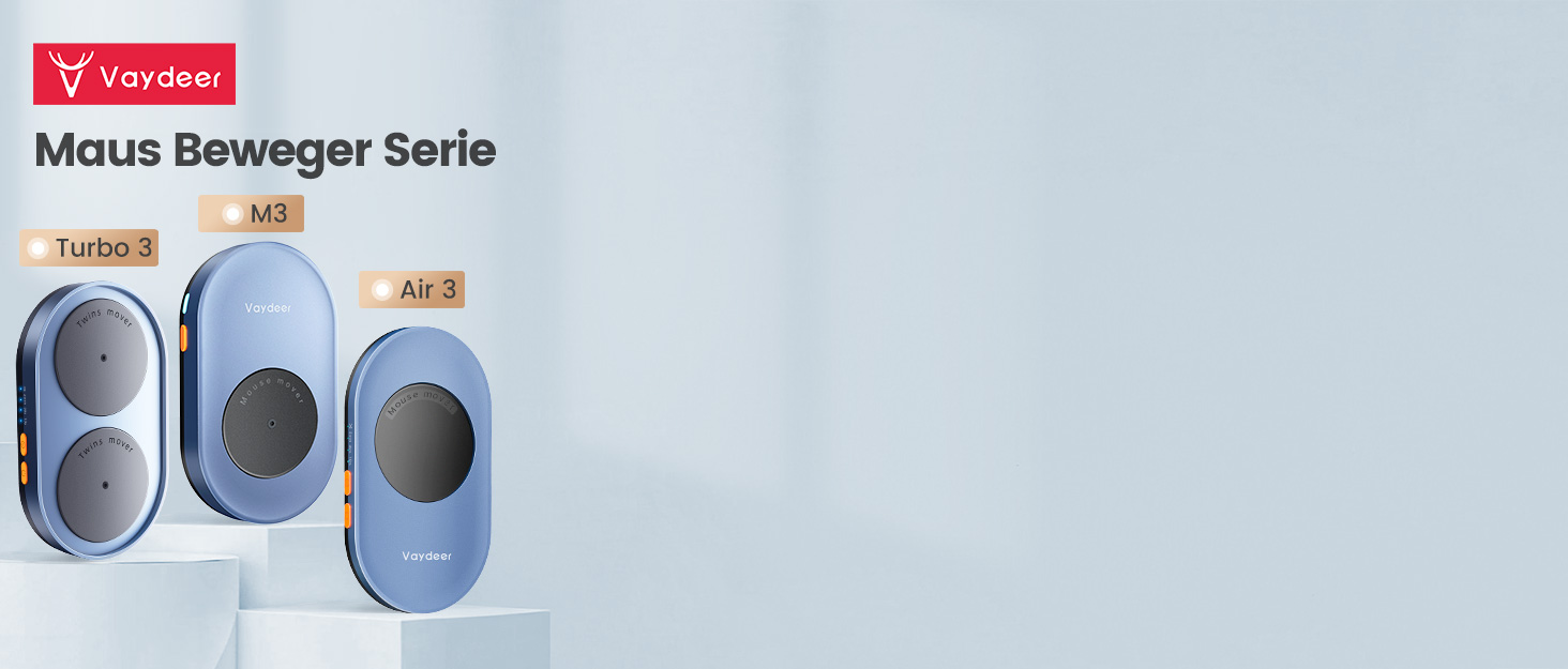 Series of three oval-shaped computer mice in light blue color, labeled as 'Maus Beweger Serie' with different model numbers M3, Turbo, and Air3.