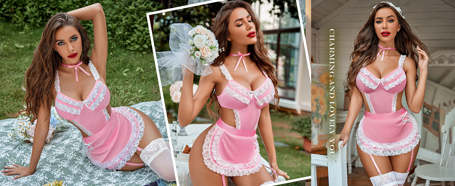 Womens lace teddy lingerie has unique design, the chocker apron and necklace