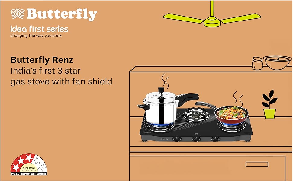 Butterfly Renz 3 Burner 3 Star Glass Top Gas Stove: 3-star rating slashes gas use 20%, cooking quicker while keeping your cylinder count cool