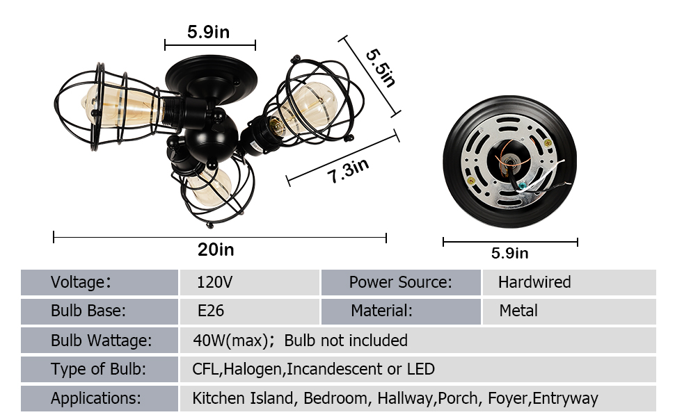 Industrial ceiling fixture designed with a 3 E26 light bulb base, has a antique rustic retro look
