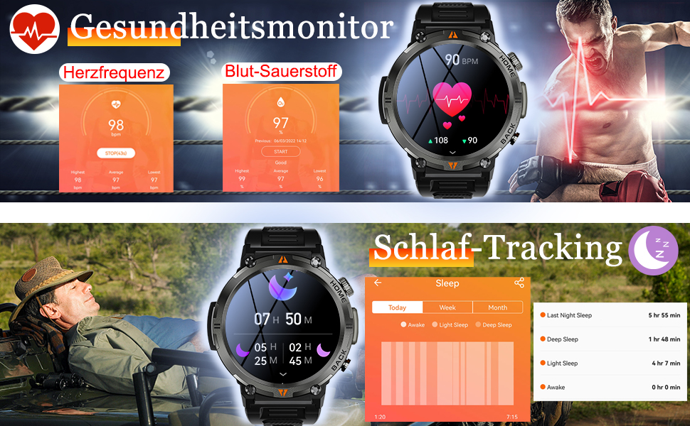 Smartwatch Herren mit Telefonfunktion 1,45" HD Touchscreen Uhren Fitness Tracker Uhr mit Pulsuhr