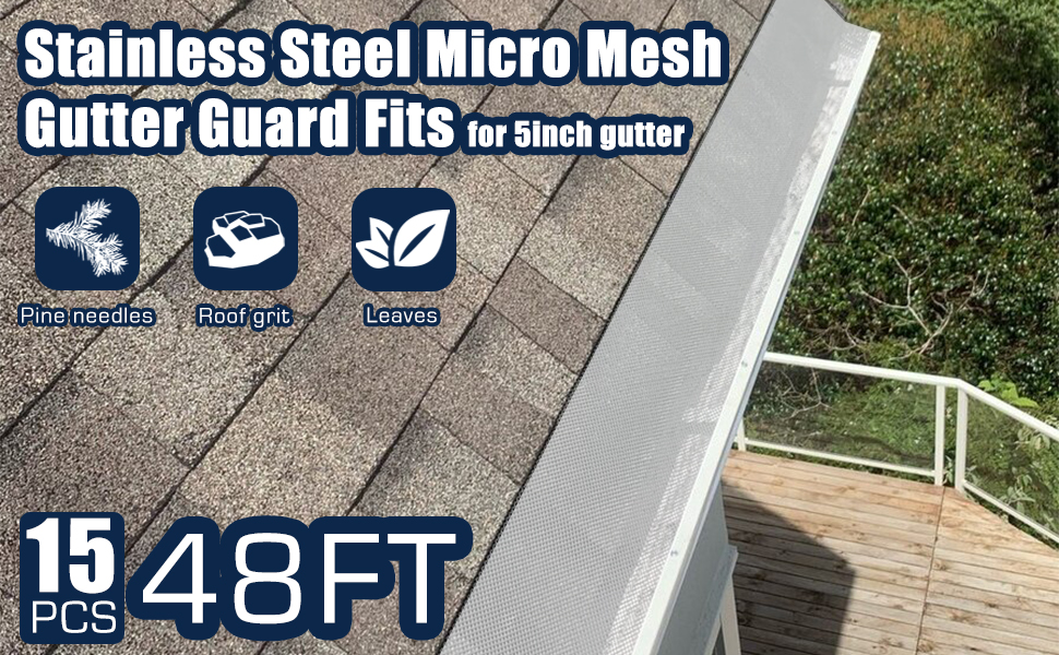Pearwow Gutter Guard 5",Stainless Steel Mesh Gutter Covers,48Ft, Fit