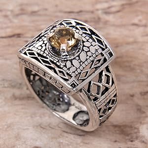 Novica Artisan Handmade .925 Sterling Silver Citrine Cocktail Ring From Indonesia 