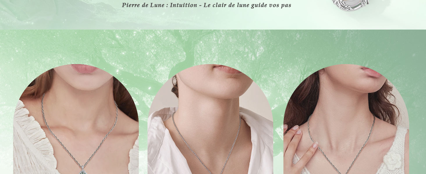 Trois images d'un délicat collier en argent porté sur différents cous, mettant en valeur sa polyvalence et son design élégant sur un fond vert menthe