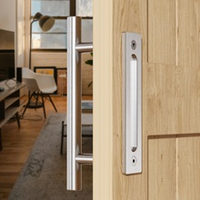 Nahaufnahme eines silbernen Türgriffs und einer Platte, die auf einer hellen Holztür oder Schrankoberfläche montiert