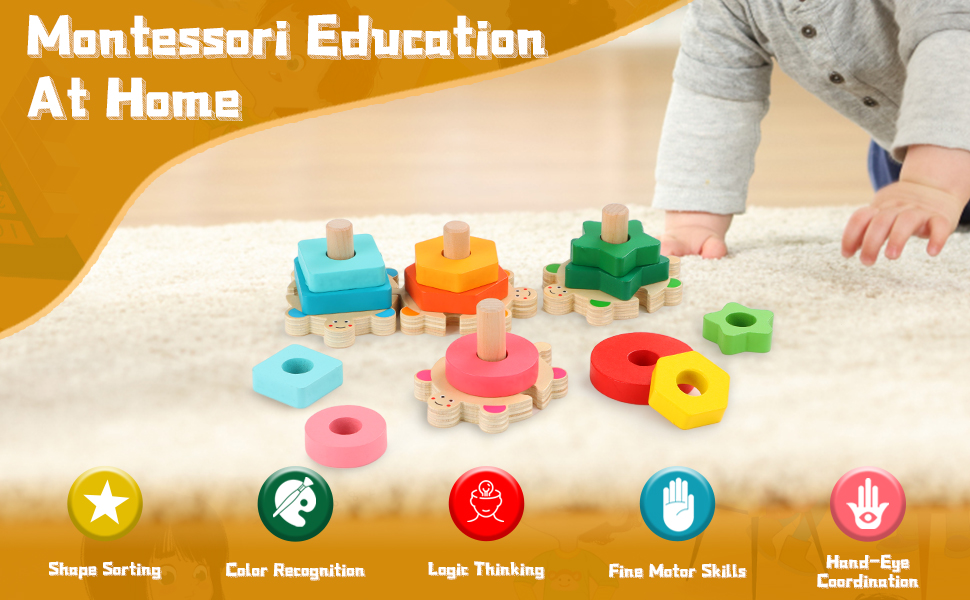 FLYINGSEEDS Wooden Sorting & Stacking Toys for Toddler 2 3