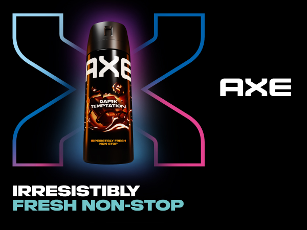 Image of Axe Dark Temptation Spray, dark background with logo & headline about non-stop freshness.