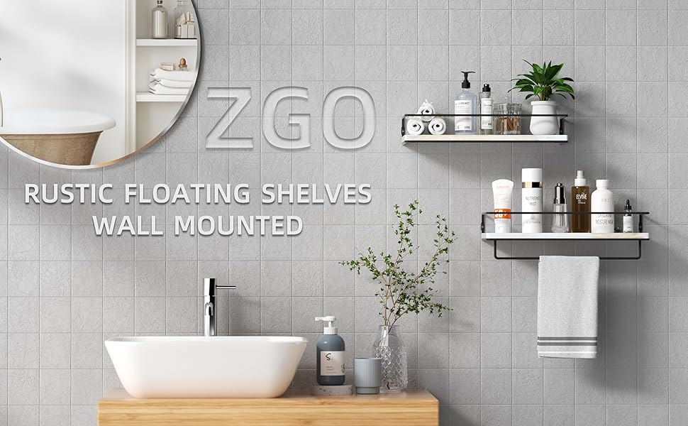 ZGO Floating Shelves for Wall Set of 2, Wall Mounted Storage Shelves with Black Metal Frame and