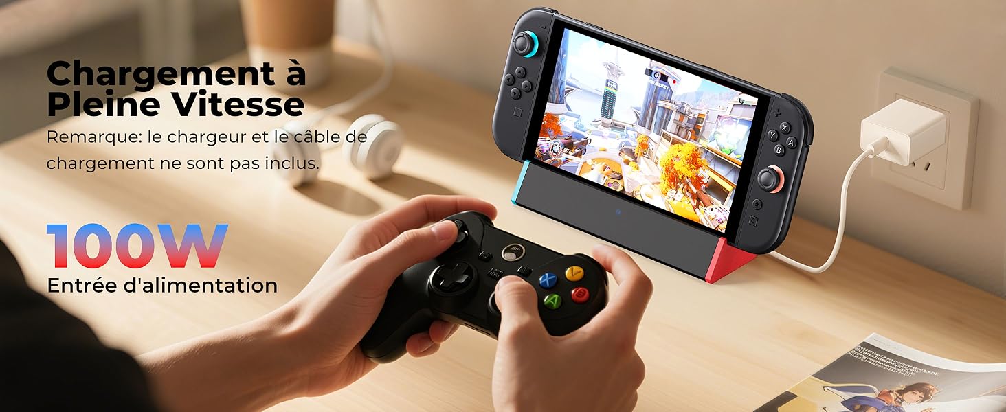 avec support pour téléphone affichant une capacité d'alimentation de 100 W, permettant de jouer sur mobile pendant le chargement