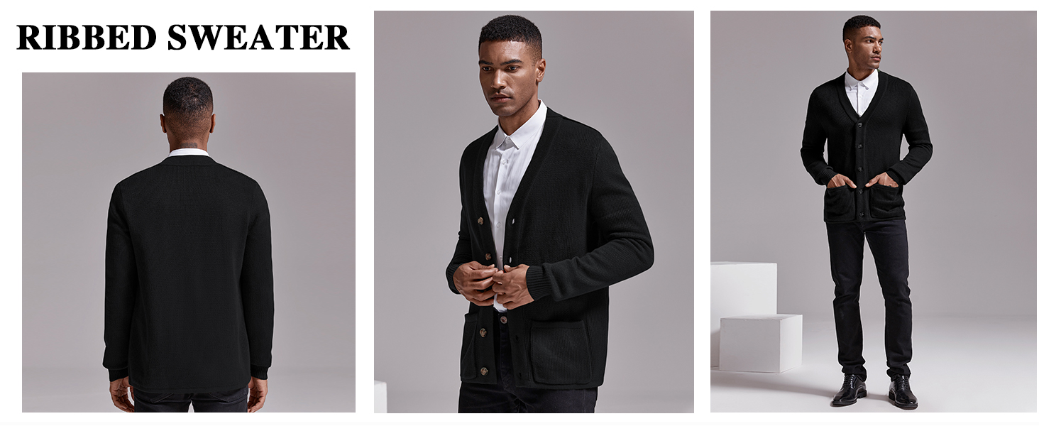 Mens Cardigan Sweater Cable Knit V Neck Casual Button Down Open Front Ribbed Sweater