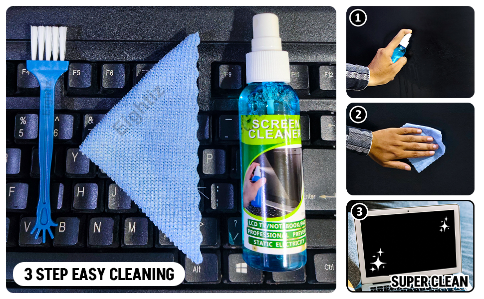 3-in-1 Cleaning Kit with Soft Brush & Microfiber Cloth 100ml Spray for Laptop, PC,Electronics