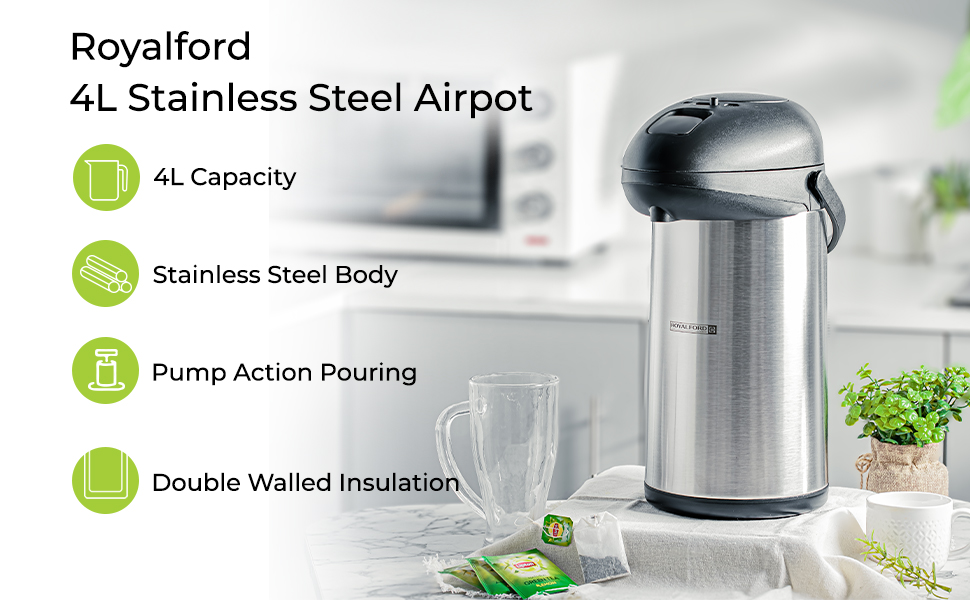 Royalford 4L Stainless Steel Airpot Insulated Vacuum Thermal Flask Jug