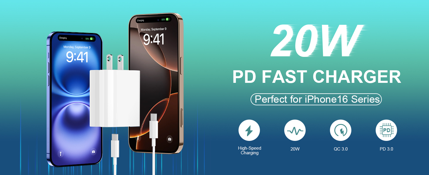 20w iphone 16 15 pro max charger fast charging block cord cable 10 ft long usb c type