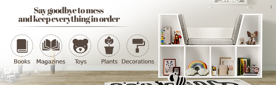 COSTWAY 6-Cube Kids Bookcase, Wooden Display Shelving Unit Organizer With Cushioned Reading Nook, Multi-Functional Storage Shelf Cabinet (White) 15 1