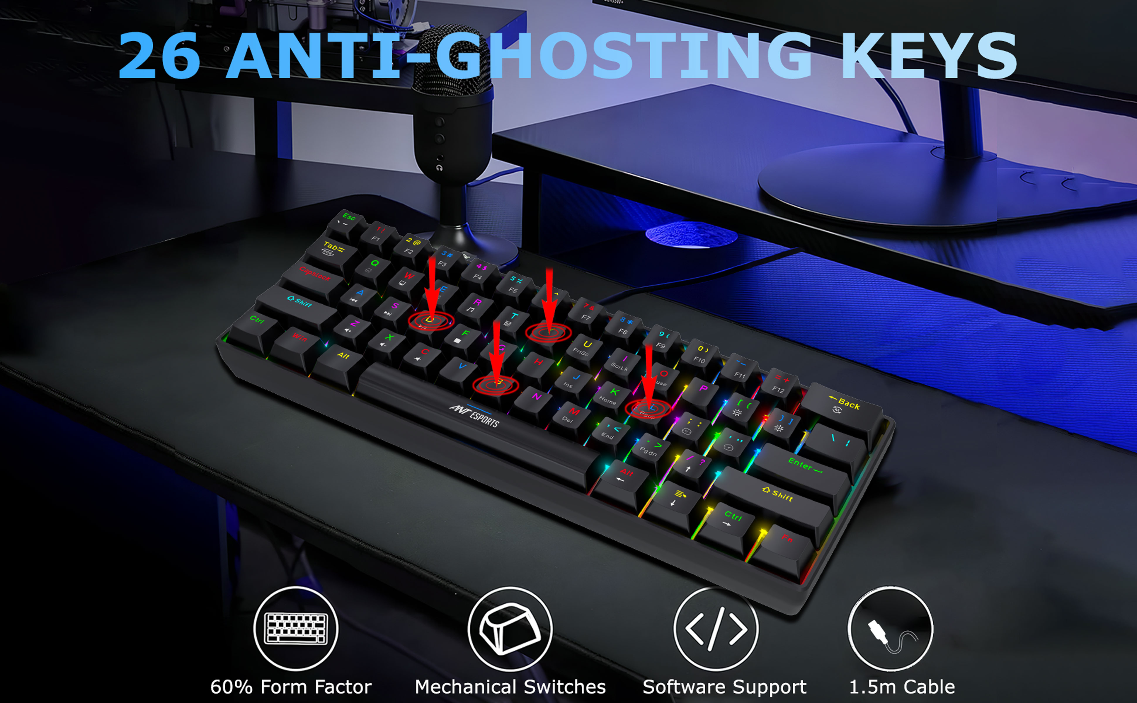 Ant Esports MK1300 V2 60% Wired Mechanical Gaming Keyboard, 61 Keys Compact Mini Software Controlled, RGB Backlit,Hot-Swappable Red Switches, Detachable USB-C, Anti-Ghosting, PC/Mac Compatible – Black