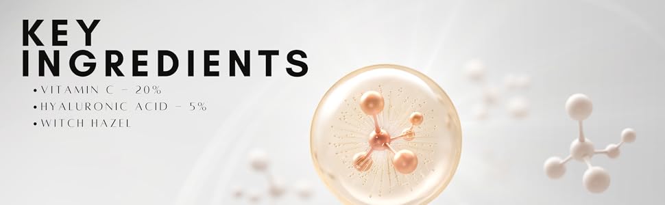 Radiant skin. vegan cruelty free with vitamin c 20%, hyaluronic acid 5%, witch hazel