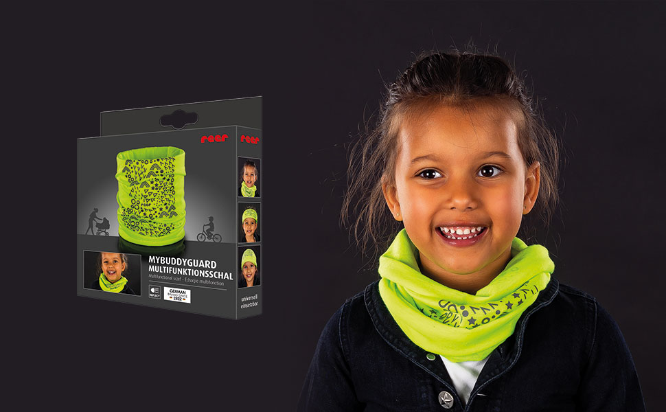 MyBuddyGuard Multifunktionsschal für Kinder, fluoreszierendes Gelb mit  reflektierender Bedruckung, Schlauchtuch : : Fashion