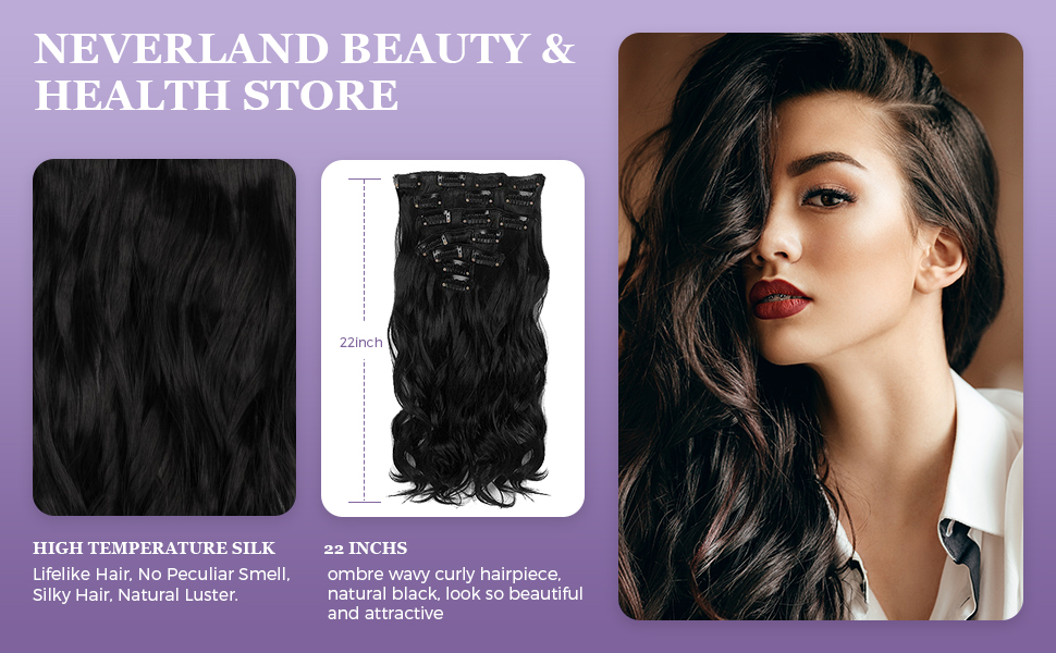 Neverland Beauty 22"7 Pcs 16 Clips Clip in Full Head Wavy Curly Hair Extensions Natural Black