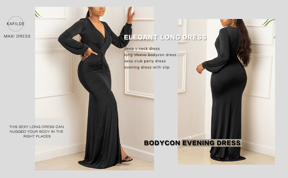 Elegant Bell Lantern Sleeves Deep V Neck Slimming Long Ruched Bodycon Slit Cocktail Party Dress
