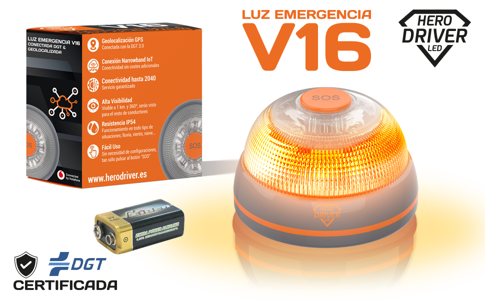 Baliza V16 conectada y geolocalizada, certificada DGT, luz de emergencia y conectividad 2040
